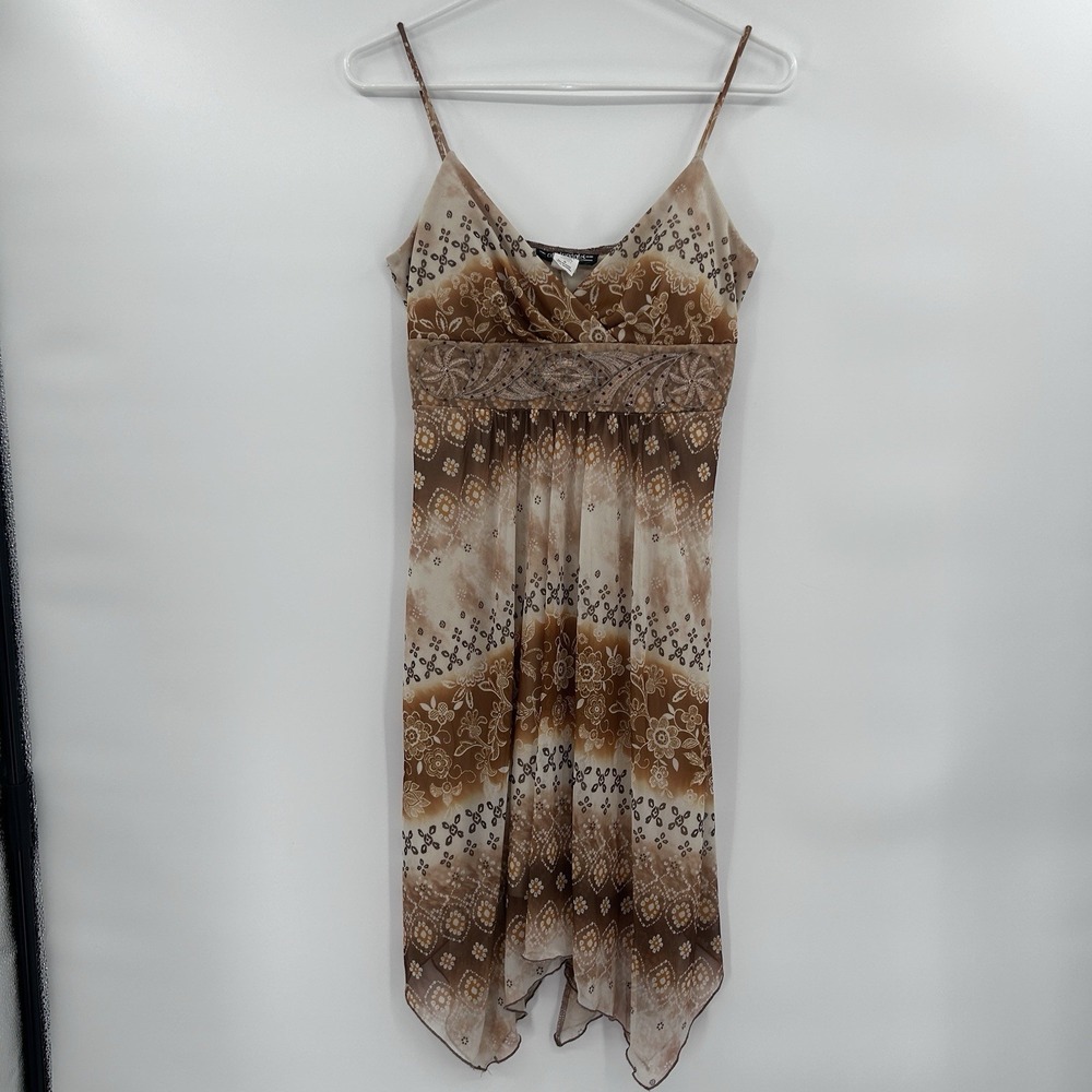 Vintage City Triangles Womens‎ Babydoll Asymmetrical Dress Sz M Tan Forest Fairy